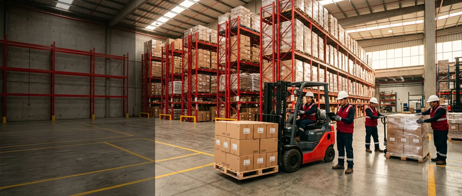 Equipo de Almacenes SOS trabajando en el almacén con montacargas y pallets