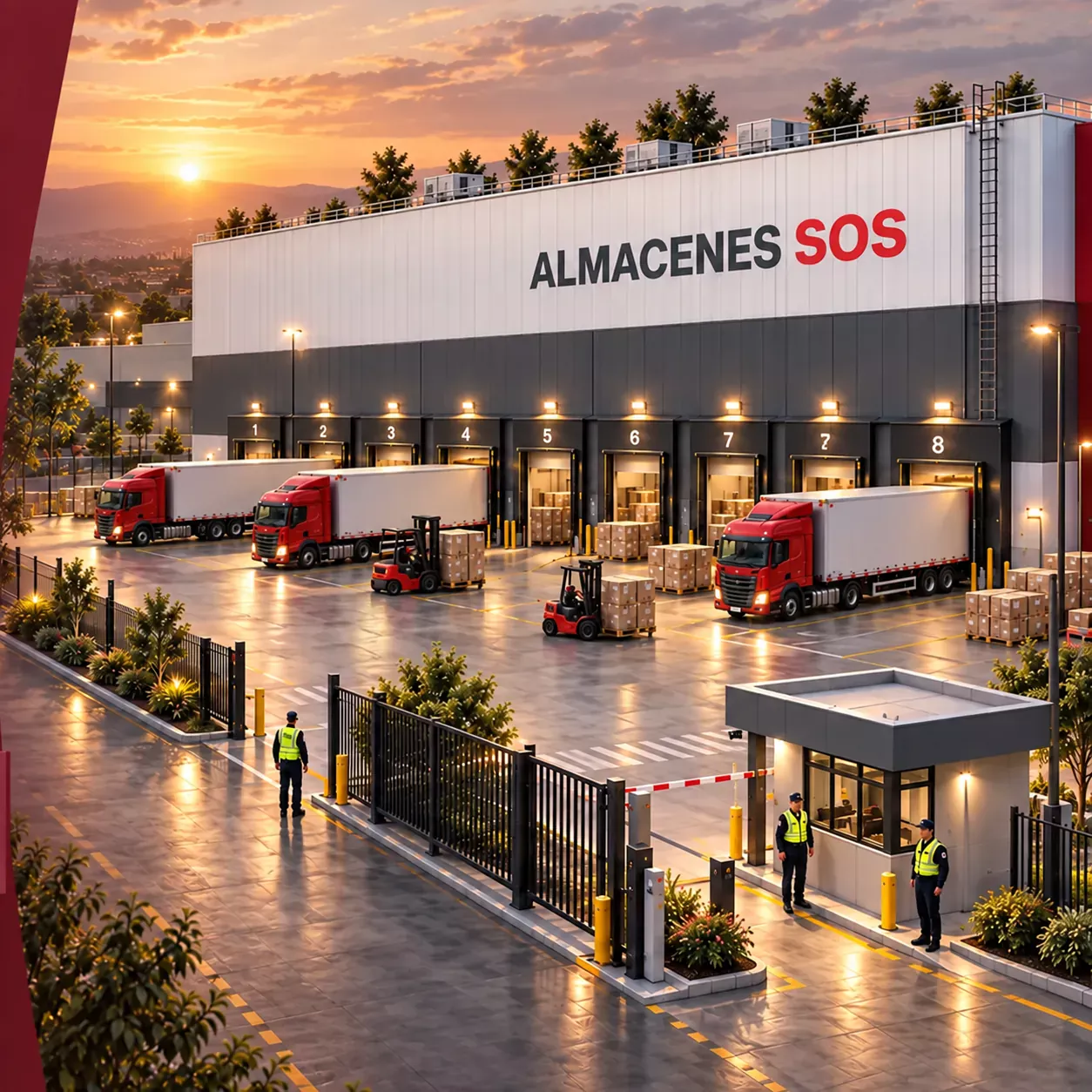 Gran almacén de Almacenes SOS con camiones, montacargas y control de seguridad