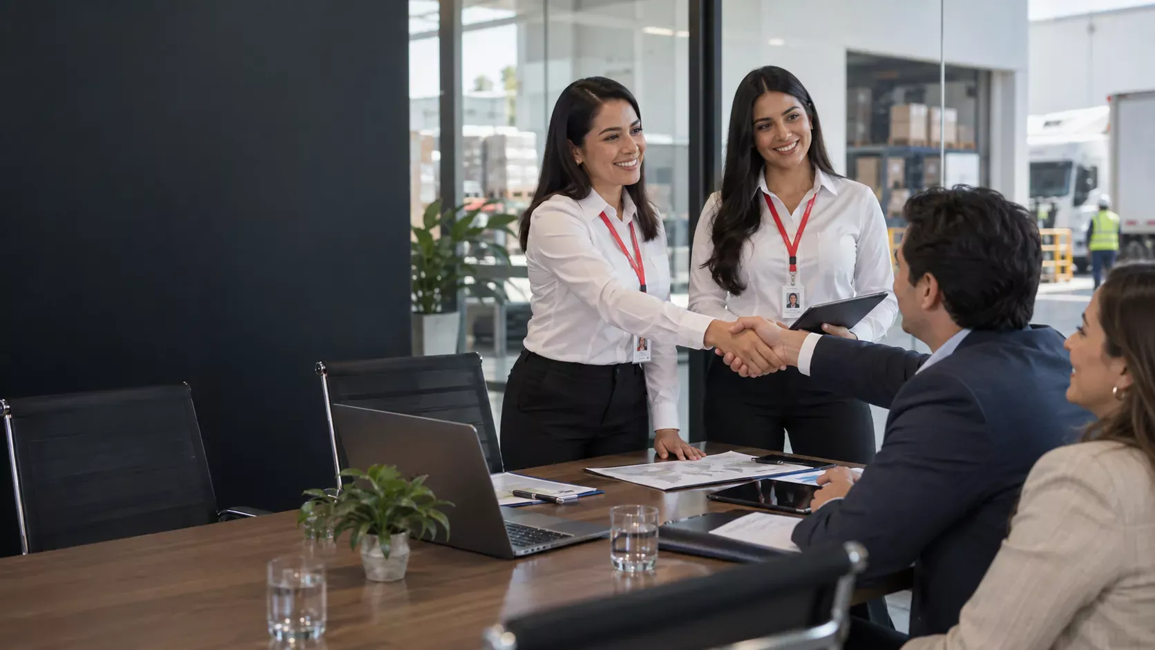 Ejecutivas de Almacenes SOS cerrando un acuerdo comercial con socios logísticos
